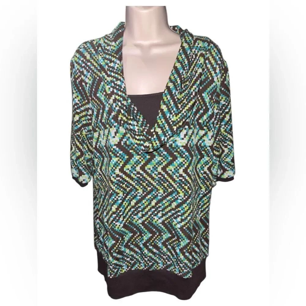 Cato Womens Brown & Green Cowl Neck Short Sleeve Layered Stretch Shirt Large